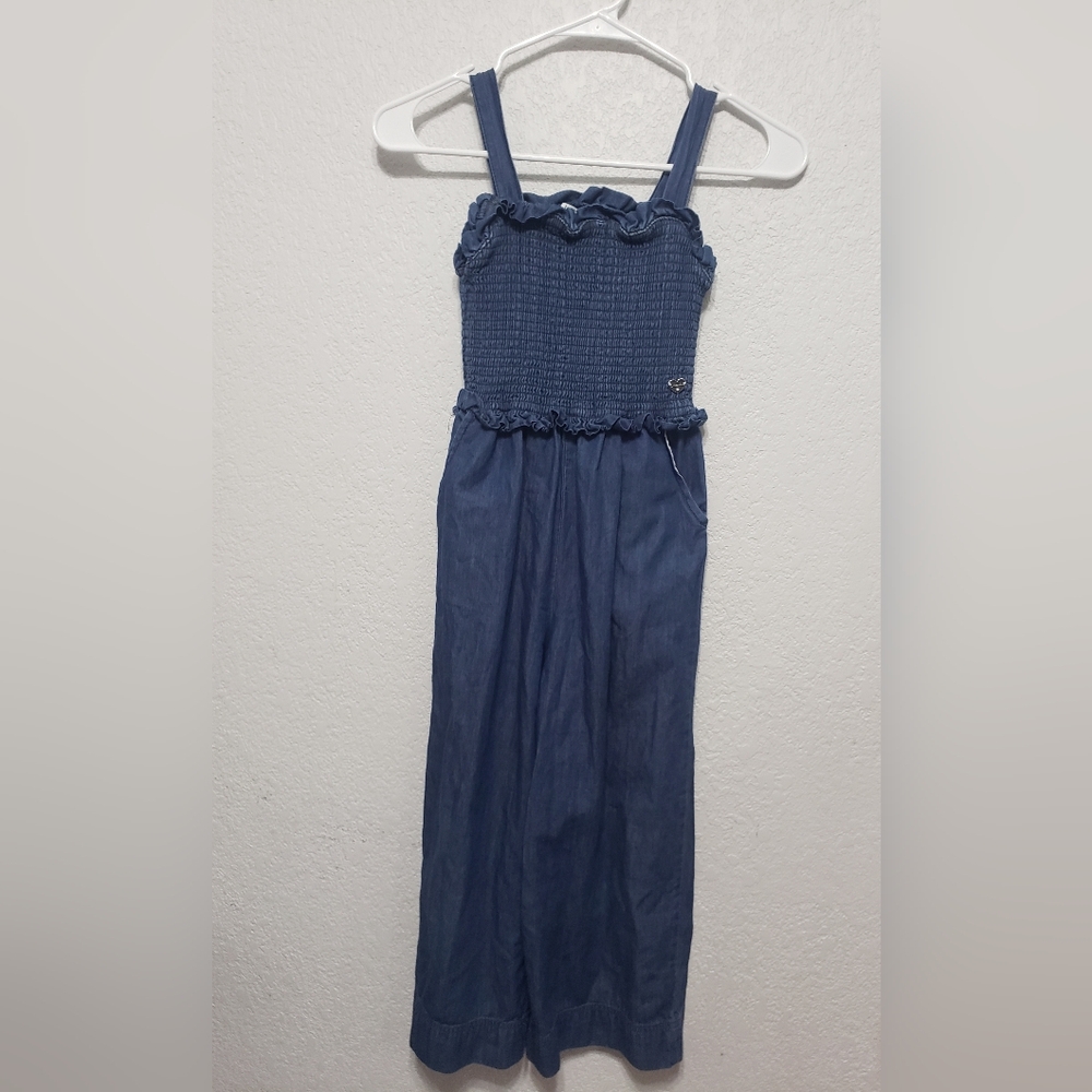Bebe Girls Denim Look Gathered Bodice Strapped Jumper Romper size S (7-8)